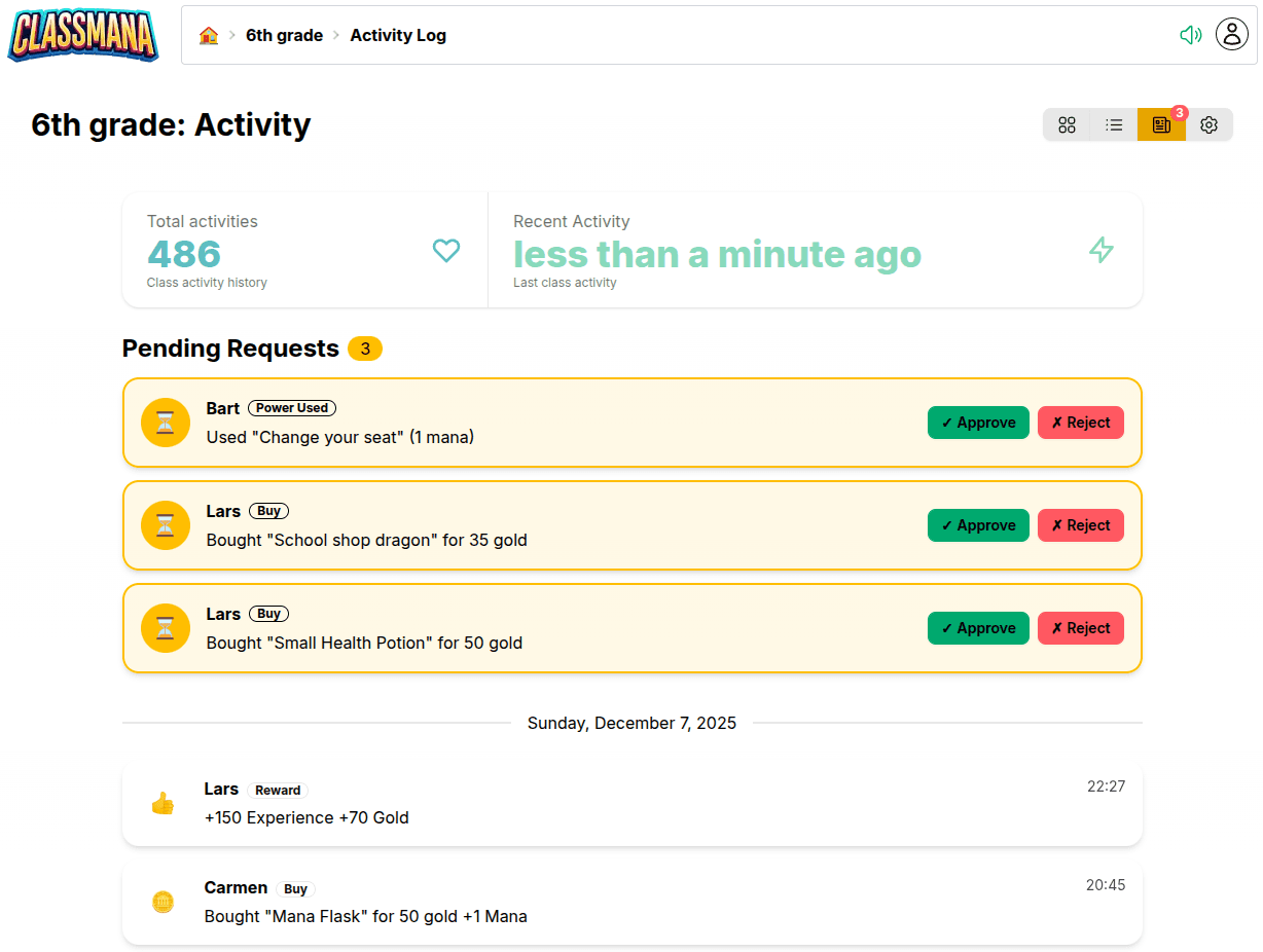 Aktiviteettisivu odottavilla pyynnöillä