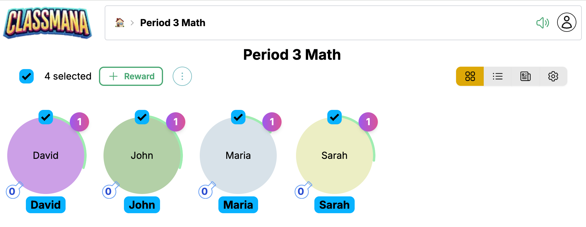 Useita oppilaita valittuna